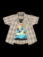 Brown Check Double Shirt with Black T-Shirt – Rugged Layered Streetwear