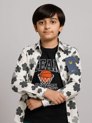 Boys' Black Basketball Team Graphic Tee with Floral Print