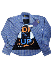Kids Blue Checkered Button-Up with DJ Graphic Tee