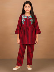 Red Cotrie Top with Trouser Set for Girls