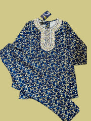 Girls Embroidered Blue Corduroy Top & Trouser Set