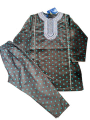 Girls Embroidered Sea Green Polka Dots Corduroy Top & Trouser Set