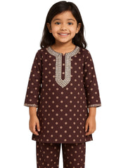 Girls Embroidered Burgundy Corduroy Top & Trouser Set