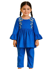 Girls Embroidered Blue Corduroy Top & Trouser Set