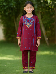 China Khadar Red Trouser & Shirt Set for Girls