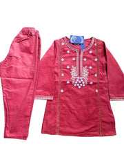 Girls Embroidered Red Corduroy Top & Trouser Set