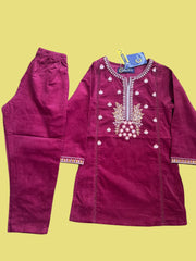 Girls Embroidered Magenta Corduroy Top & Trouser Set
