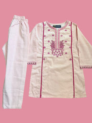 Girls Embroidered Off-White Corduroy Top & Trouser Set
