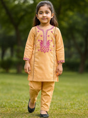 Girls Embroidered Yellow Corduroy Top & Trouser Set