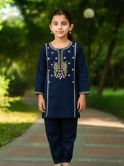 Girls Embroidered Yellow Corduroy Top & Trouser Set