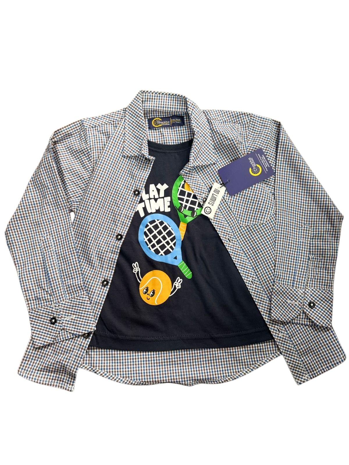 Play Time Boys' Double Shirt – Black & White Checks