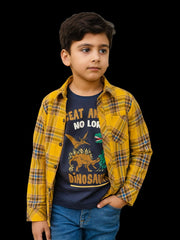 Dino Yellow Check Double Shirt – Boys’ Twill Fabric